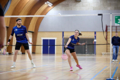Badminton competitiewedstrijd BC Echt 1 - BCO 1 met Patty, Sabine, Maud, Lars, Luc en Gino