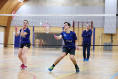 Badminton competitiewedstrijd BC Echt 1 - BCO 1 met Patty, Sabine, Maud, Lars, Luc en Gino